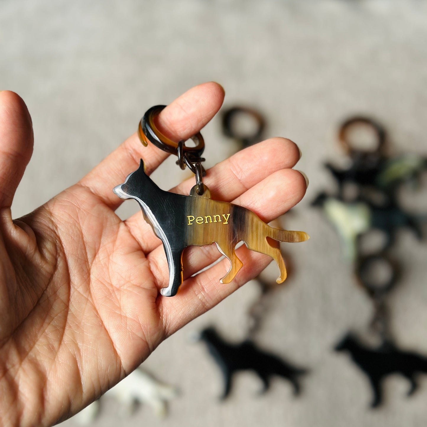 Personalized Hand-Carved German Shepherd Horn Keychain & Necklace