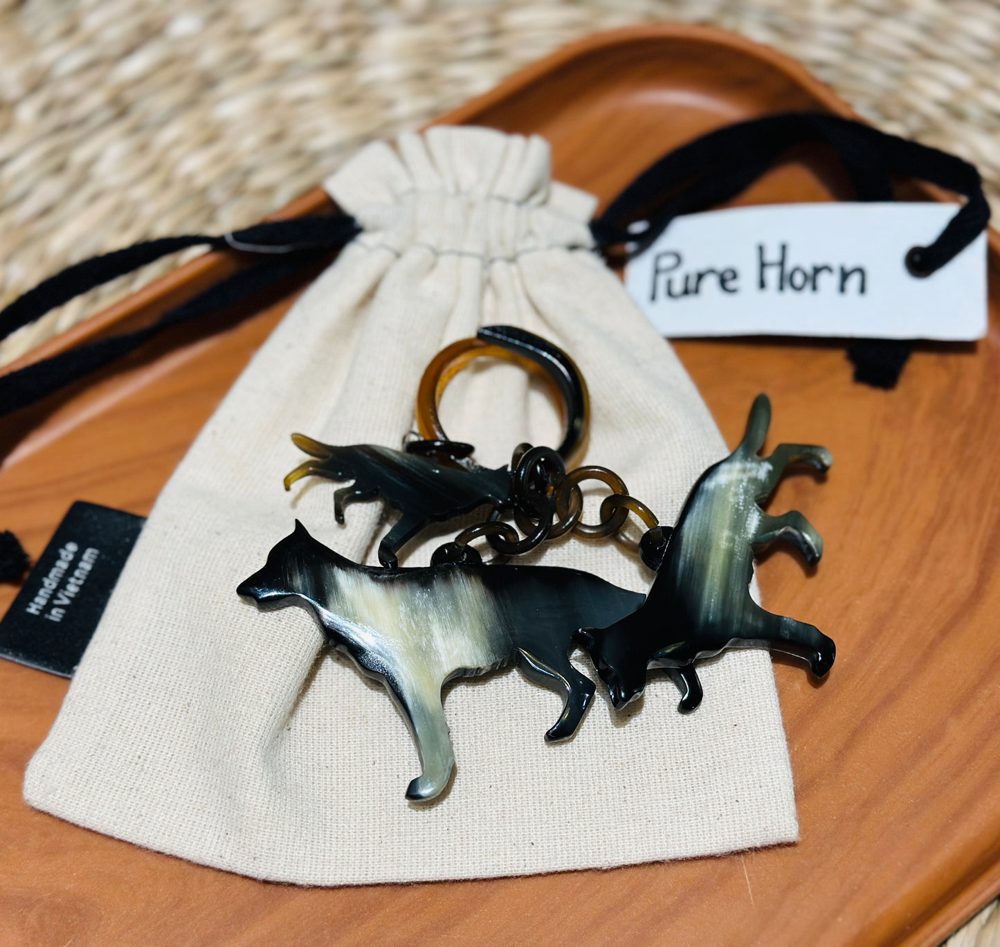 Personalized Hand-Carved German Shepherd Horn Keychain & Necklace