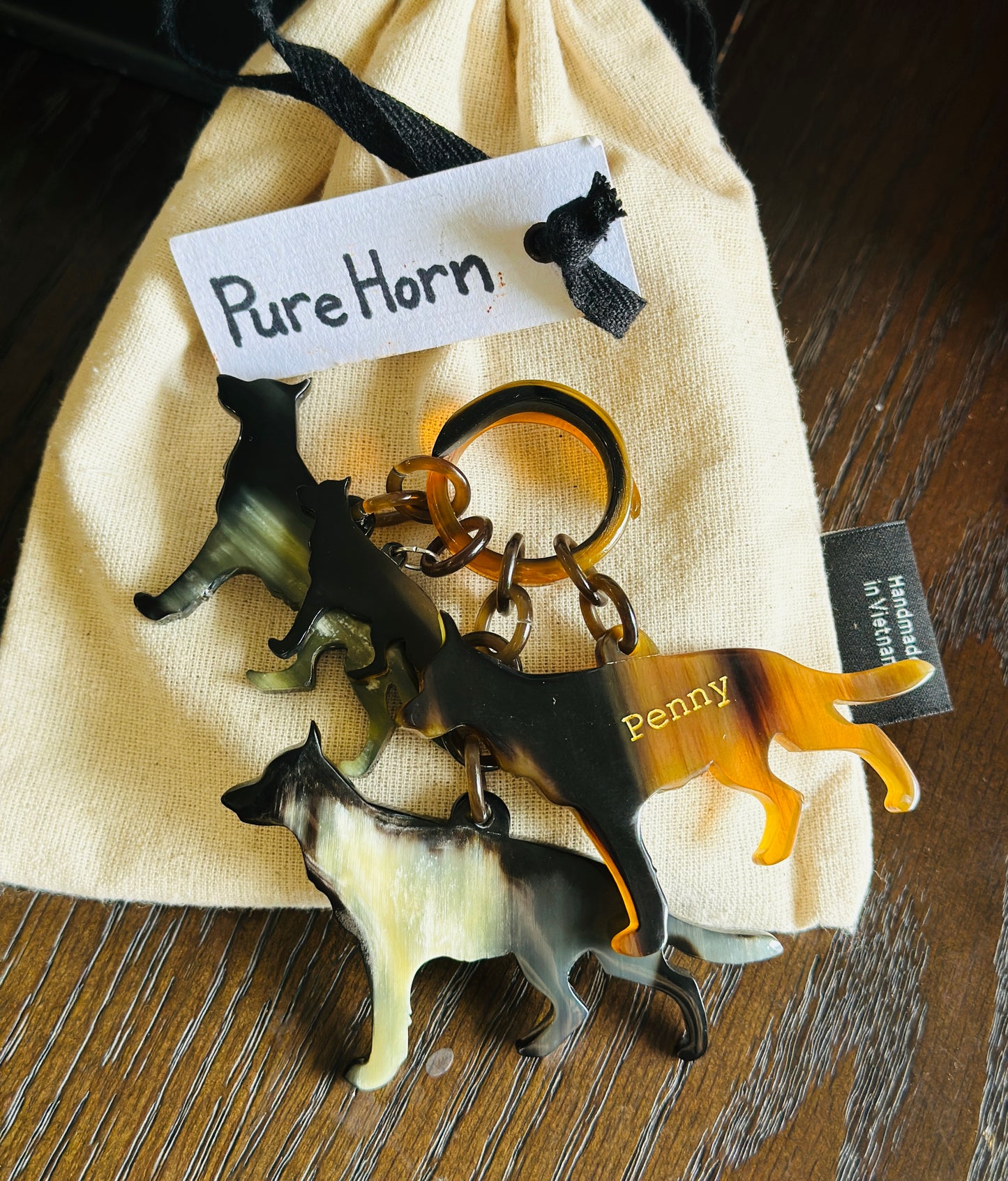 Personalized Hand-Carved German Shepherd Horn Keychain & Necklace